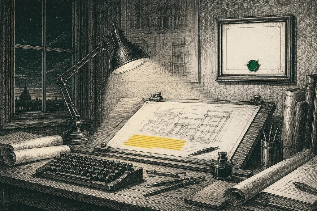 Engraved night workshop: a drafting lamp lighting a blueprint with one marker-yellow highlighted block, a typesetter's keyboard, and a green wax-sealed certificate on the wall