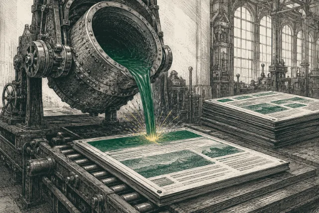 Engraved foundry crucible pouring molten ledger-green metal that cools into freshly cast web pages
