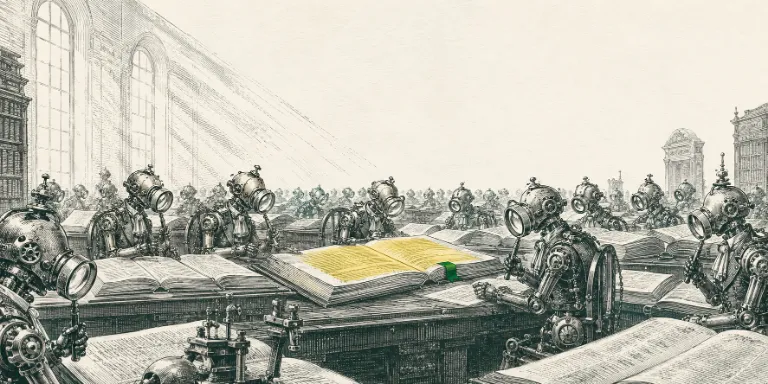 Engraved reading room of mechanical automata, every lens turned toward the one open book highlighted in marker yellow