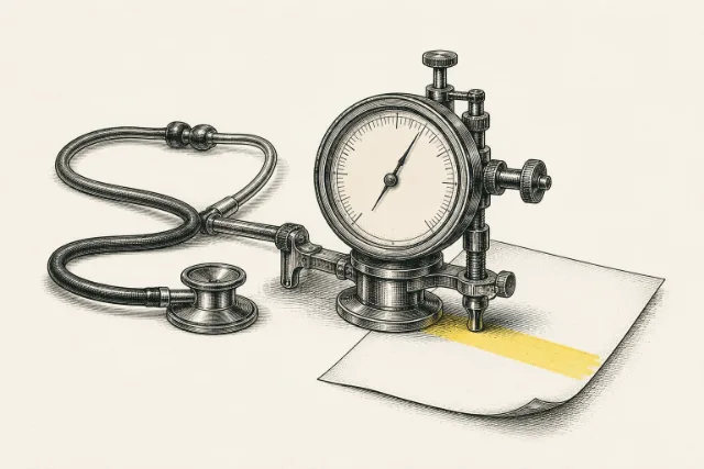 Engraved brass measuring instrument clamped to a sheet of paper, its stylus resting on a marker-yellow line